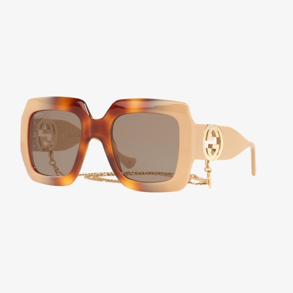 Gucci Tortoise Shell Square Oversized Sunglasses with Gold Accents